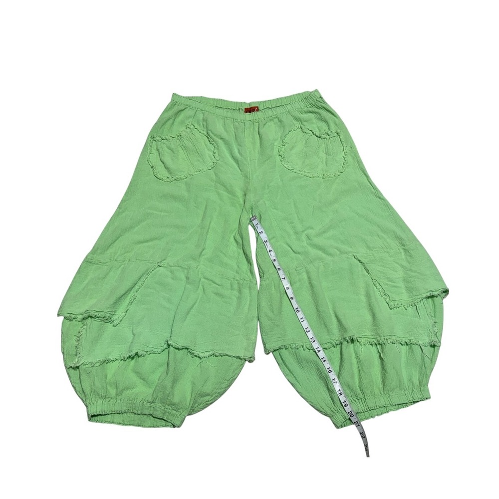 Green Cotton Gauze Balloon Pants Wide Leg Boho Lagenlook Elastic Waist Size L - Picture 5 of 10